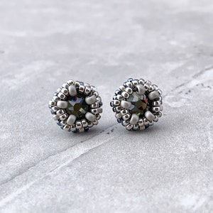 grey crystal post earrings. small silver grey studs. beaded crystal earring. metallic silver post. sterling silver stud earring.