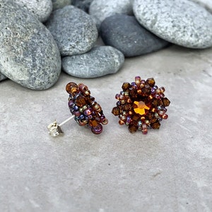dark topaz crystal stud earrings. brown crystal earrings. beaded stud earrings. earrings for fall. sterling silver earrings image 4