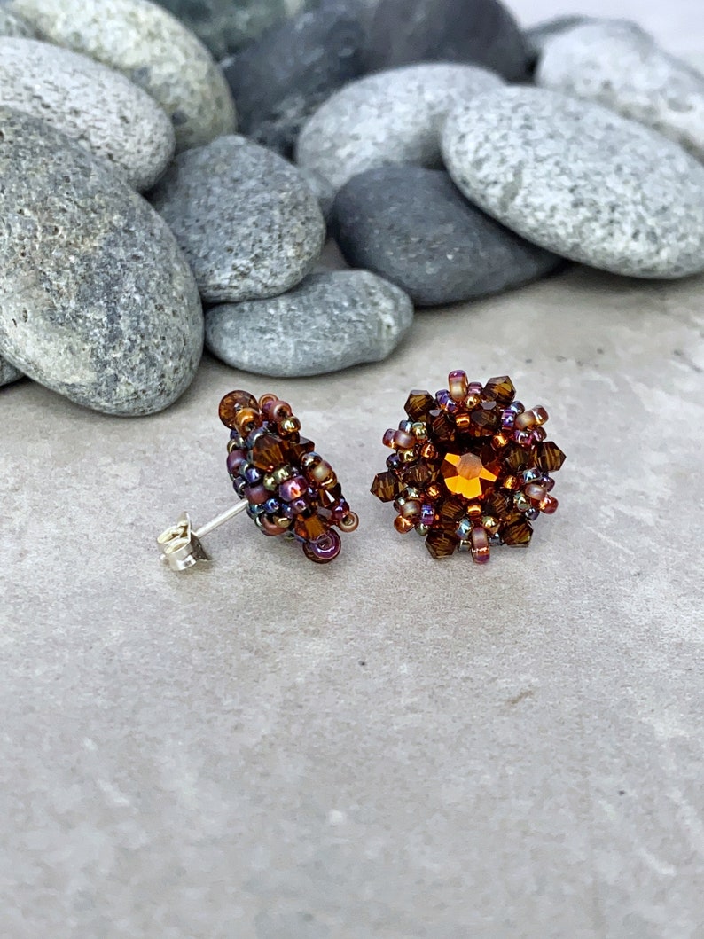 dark topaz crystal stud earrings. brown crystal earrings. beaded stud earrings. earrings for fall. sterling silver earrings image 4