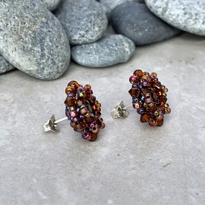 dark topaz crystal stud earrings. brown crystal earrings. beaded stud earrings. earrings for fall. sterling silver earrings image 3