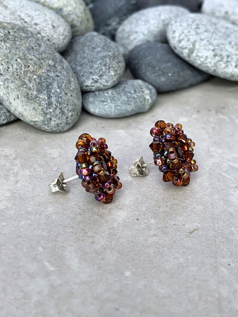 dark topaz crystal stud earrings. brown crystal earrings. beaded stud earrings. earrings for fall. sterling silver earrings image 3