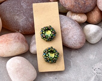 warm green crystal post earrings. beaded olive green studs. tropical earrings. small studs. gift for plant lover. sterling silver