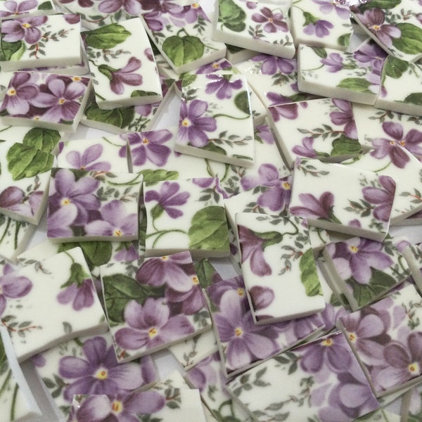 65 Broken China Mosaic tiles~~ Kiln Fired Collection--- Sweet Violets