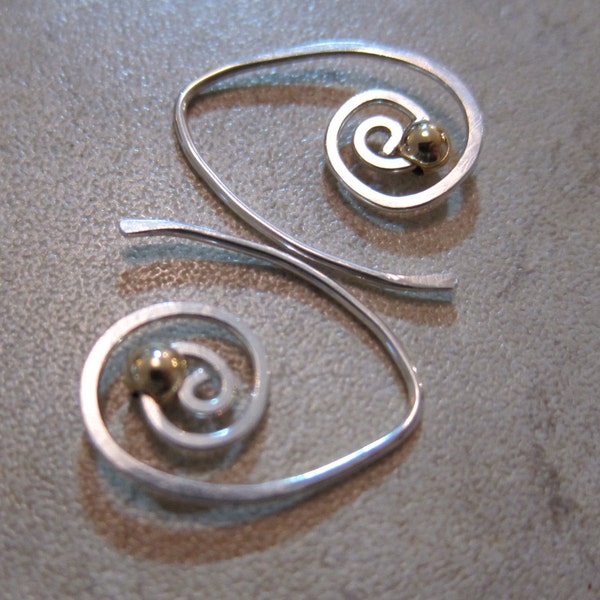 Open Spiral V-Hoops  18 Gauge, Sterling Silver Earrings with 14kt Gold Bead - Earth Element - by Silla