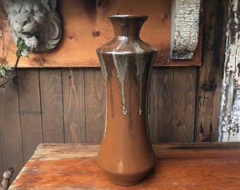 Tall Studio Pottery Vase , Artisan Ceramics , Drip Glaze , Modern Pottery , Earth Tone Decor