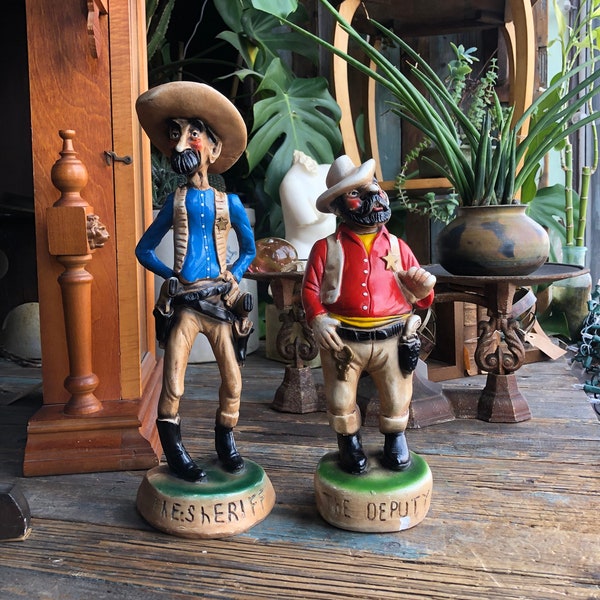 Chalkware Sheriff and Deputy || 1940s E J Borman || Retro Chalkware || Western Collectible