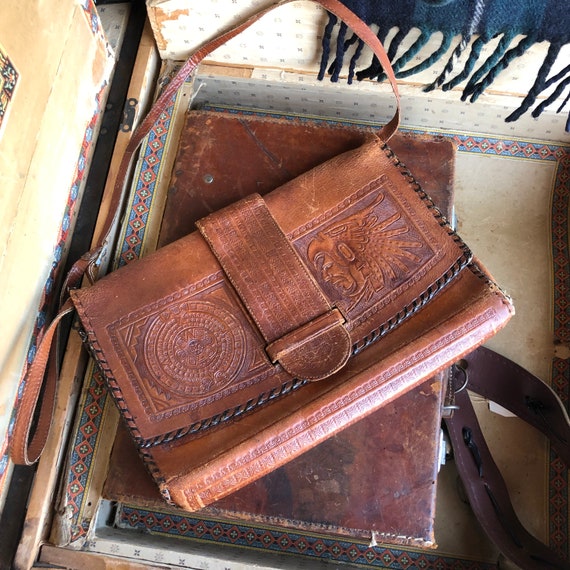 Tooled Leather Purse , Leather Mexican Shoulder B… - image 2