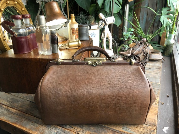 Antique French Brown Leather Gladstone Bag, Doctor / Midwife Bag