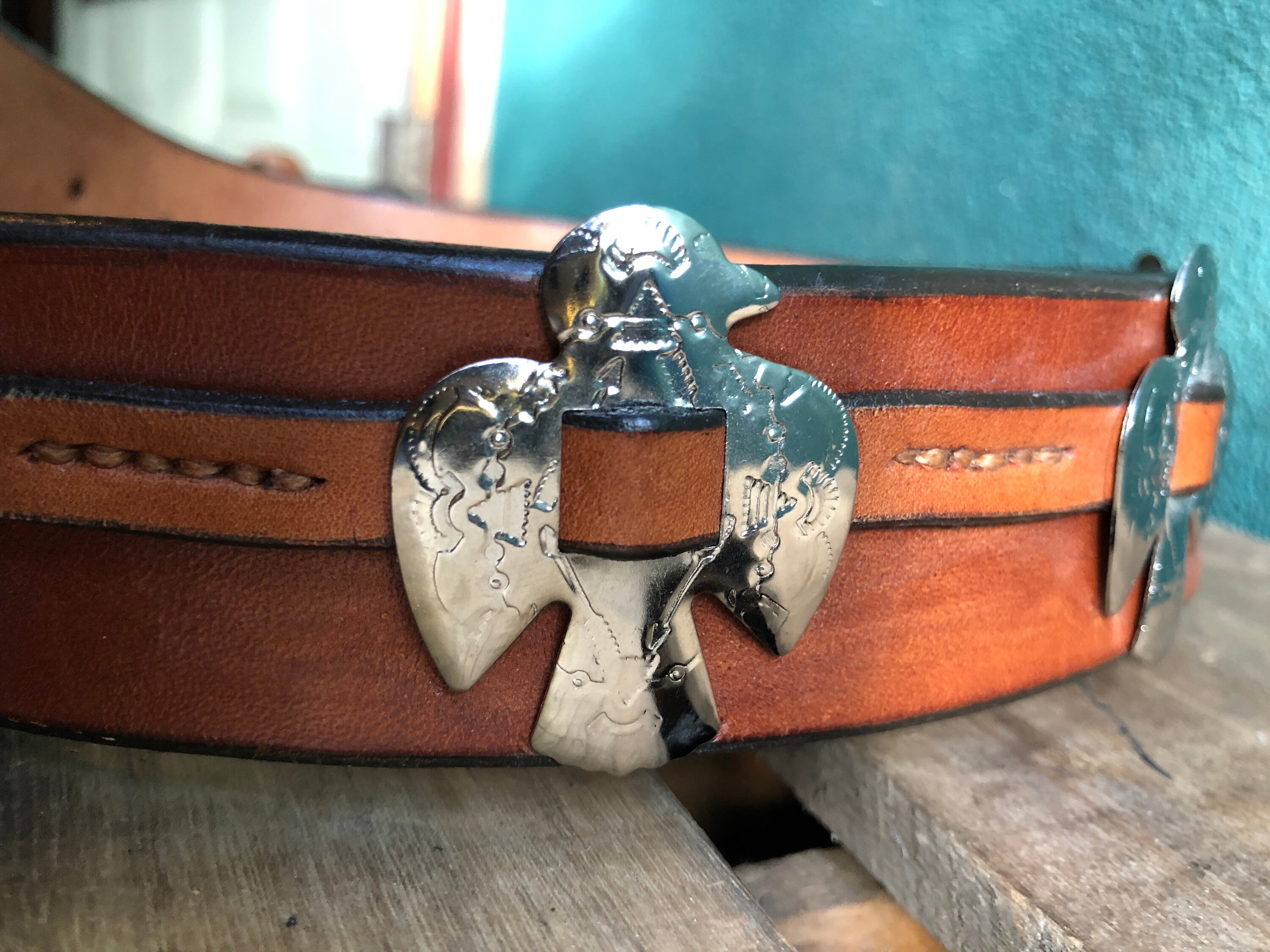 Leather Western Belt Brown USA Thunderbird Buffalo Concho Size 40 Southwestern Men main image 2