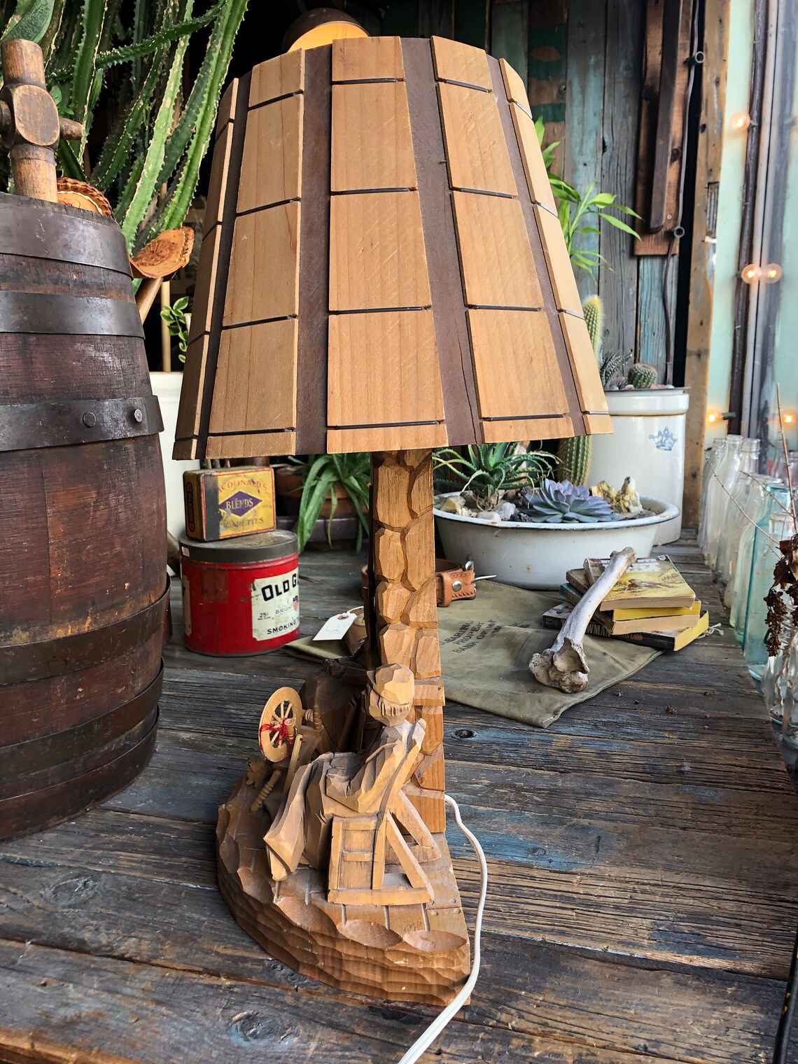 Folk Art Hand Carved Wooden Lamp Folk Art Lamp Wood Etsy Canada