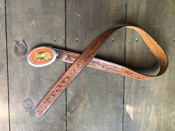Tooled Leather Belt || Trucker Belt Buckle || 1970