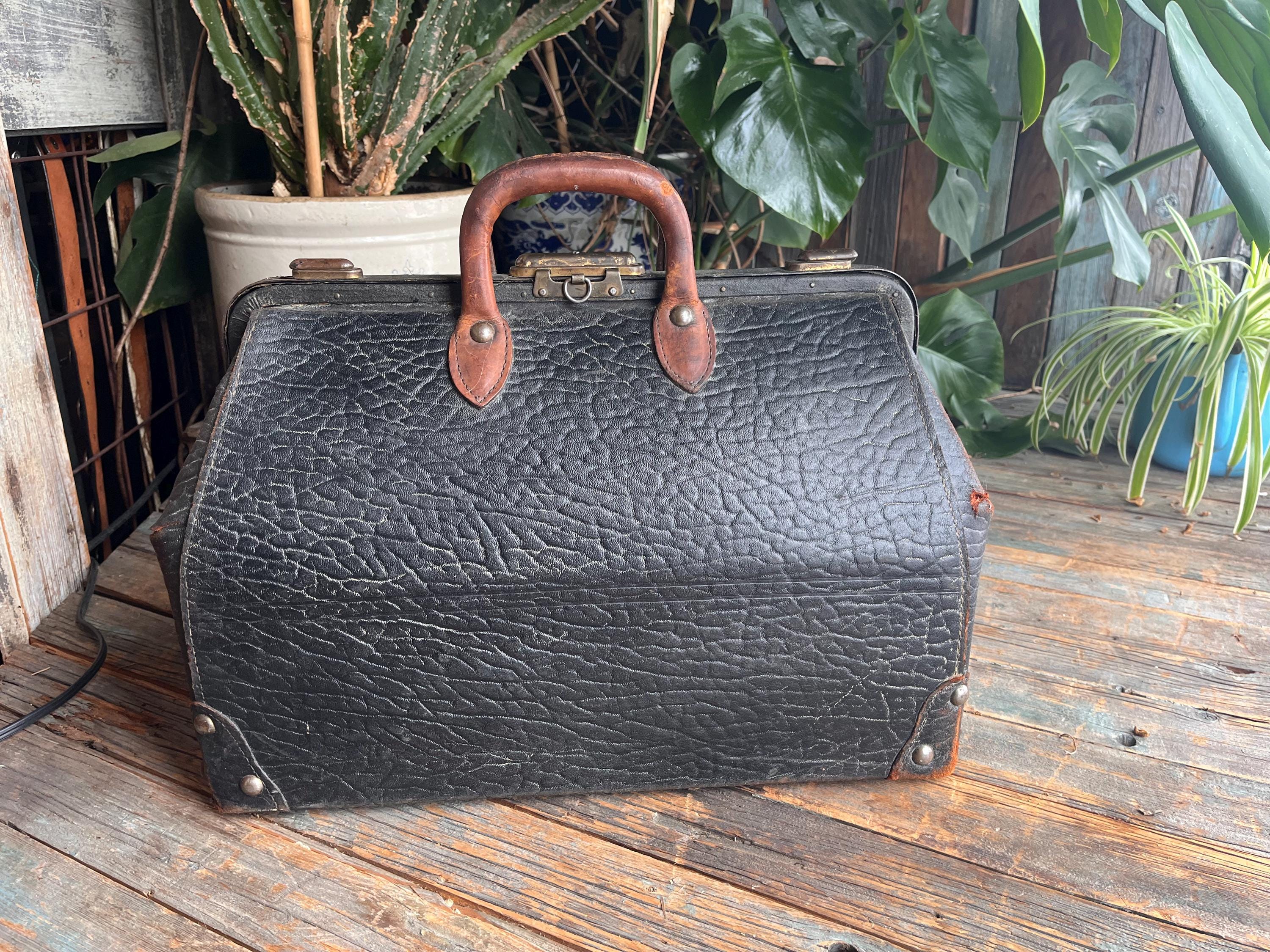 1920s Walrus Leather Doctors Bag , Antique Black Leather Suitcase