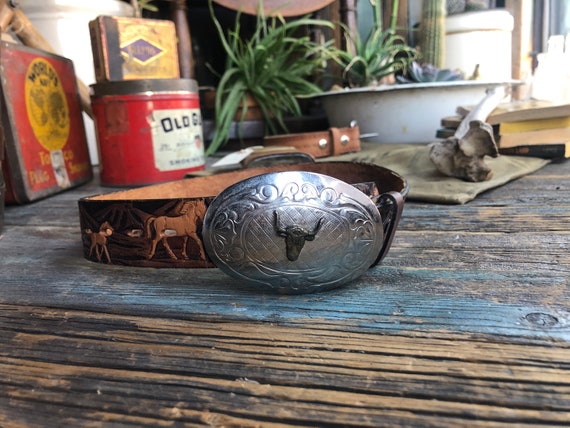 Tooled Leather Western Belt || Western Belt Buckle