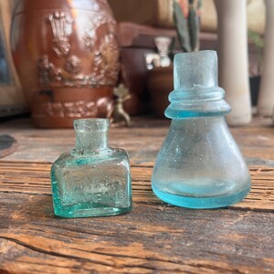 Antique Aqua Glass Ink Bottles , Collectible Small Bottles , Country Home Decor