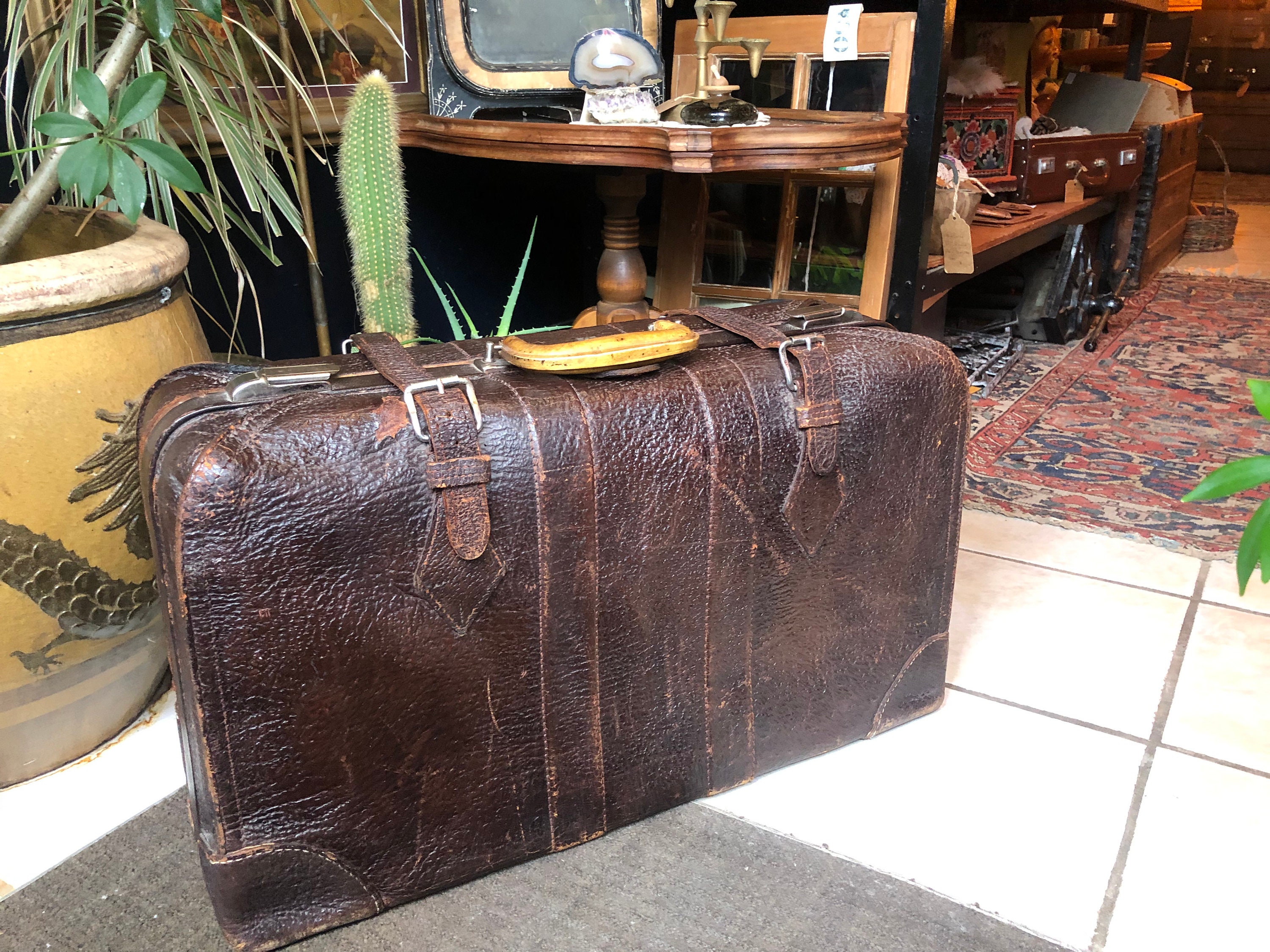Vintage 1920s Leather Covered Suitcase Belber Rustic Shabby 