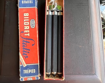 Trípode de viaje vintage Bilora Biloret Statio en caja original / Soporte plegable para cámara alemán de mediados de siglo / Accesorio de fotografía compacto