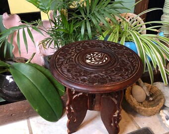 Hand Carved Small Stool With Bone Inlay , Indian Carved Stool , Travel Stool , Bohemian Decor , Plant Stool