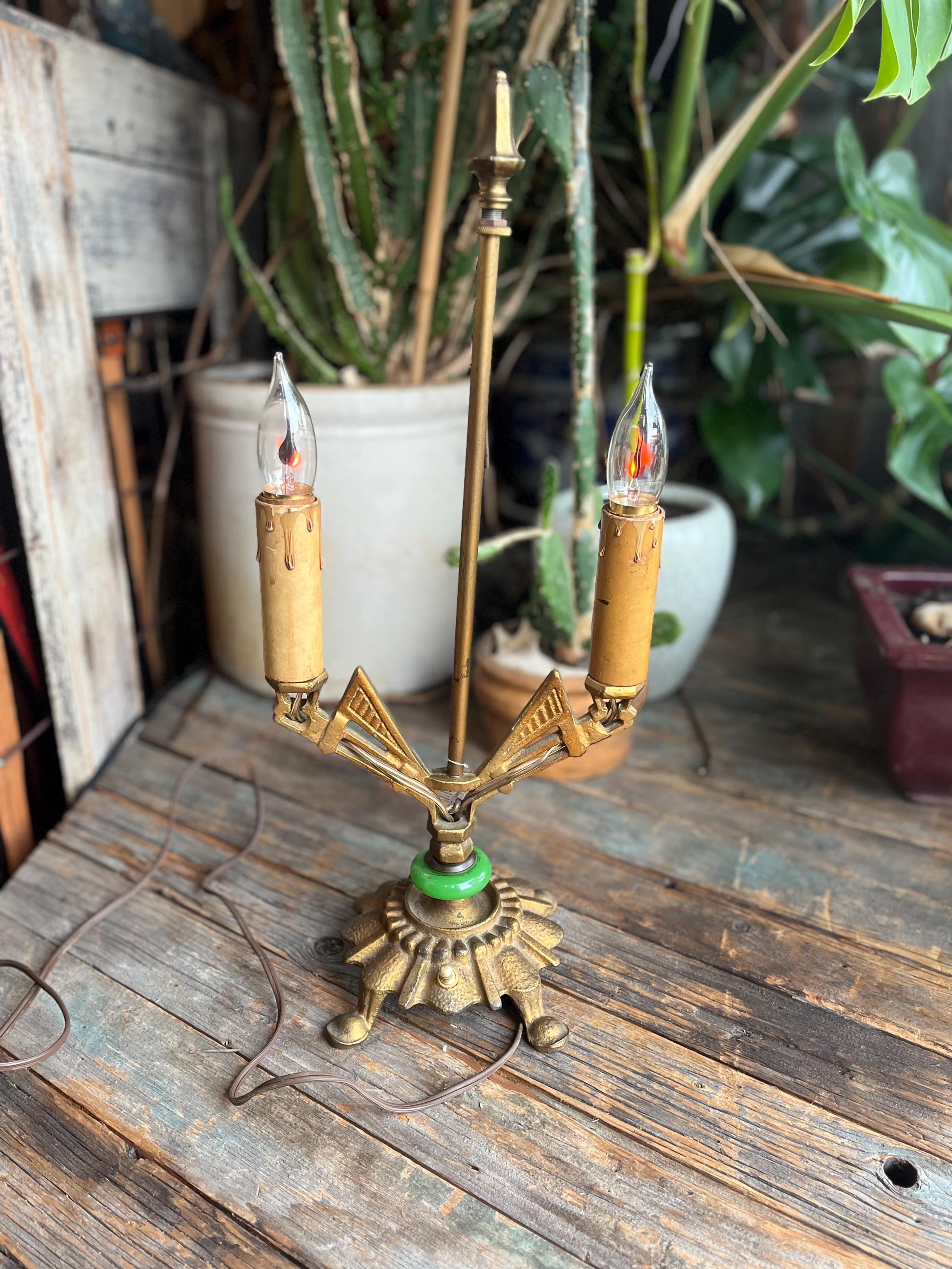 Art Deco Brass and Jade Table Lamp | 1930s Twin Candle Desk Light