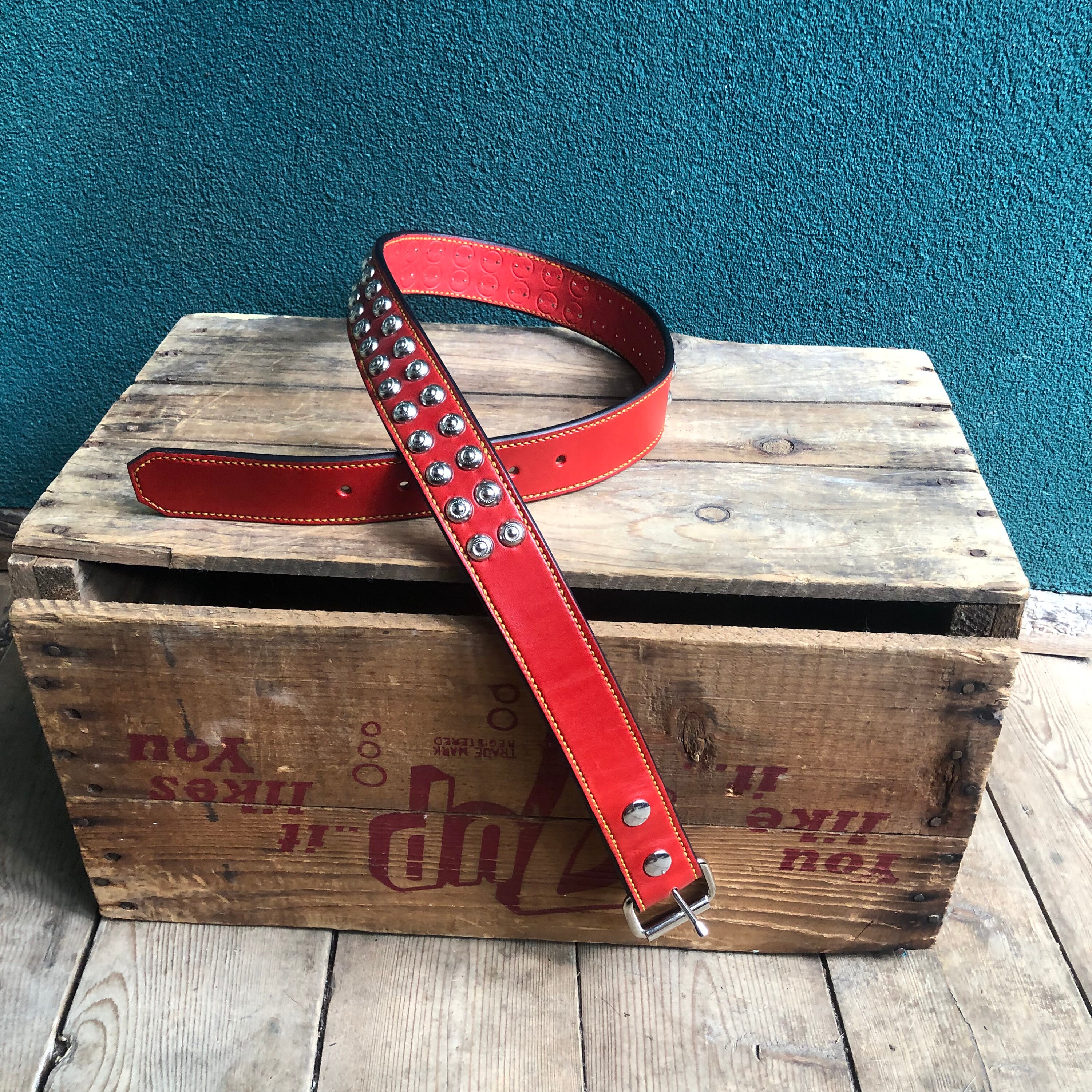 Vintage Red Leather Skinny Studded Belt Sphere Studded Leather Belt Red — Lowlife main image 4