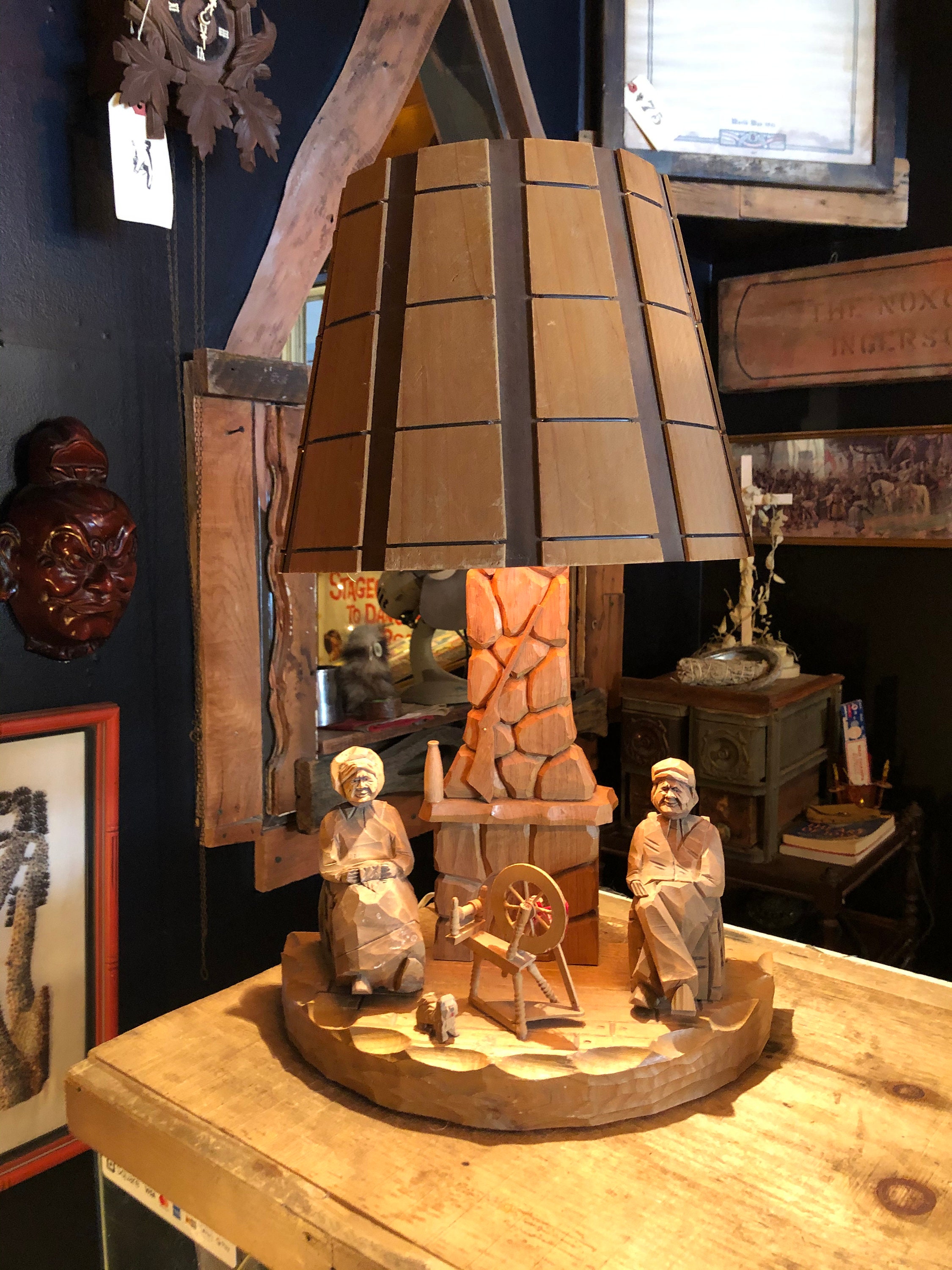 Folk Art Hand Carved Wooden Lamp Folk Art Lamp Wood Etsy