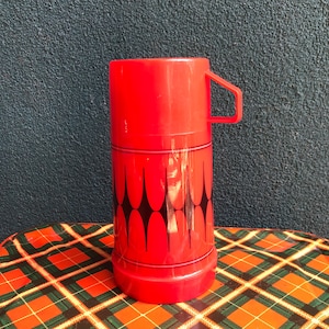 Vintage Small Diamond Red  Aladdin Thermos , Food Photography Prop , Vintage Picnic , Collectible Thermos