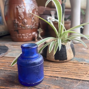 Antique Cobalt Blue Ink Bottle , Collectible Blue Glass , Victorian Inkwell