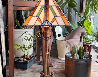 Egyptian Revival Table Lamp Base by N. Muller N.Y. with Vintage Handmade Tiffany Style Stained Glass Shade