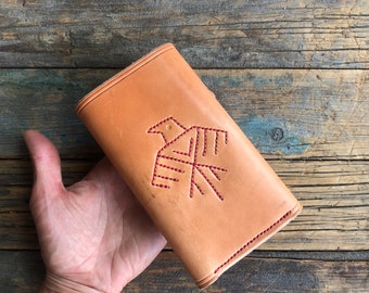 Saddle Tan Leather Wallet || Western Leather Wallet || Hand Stitched, Thunderbird