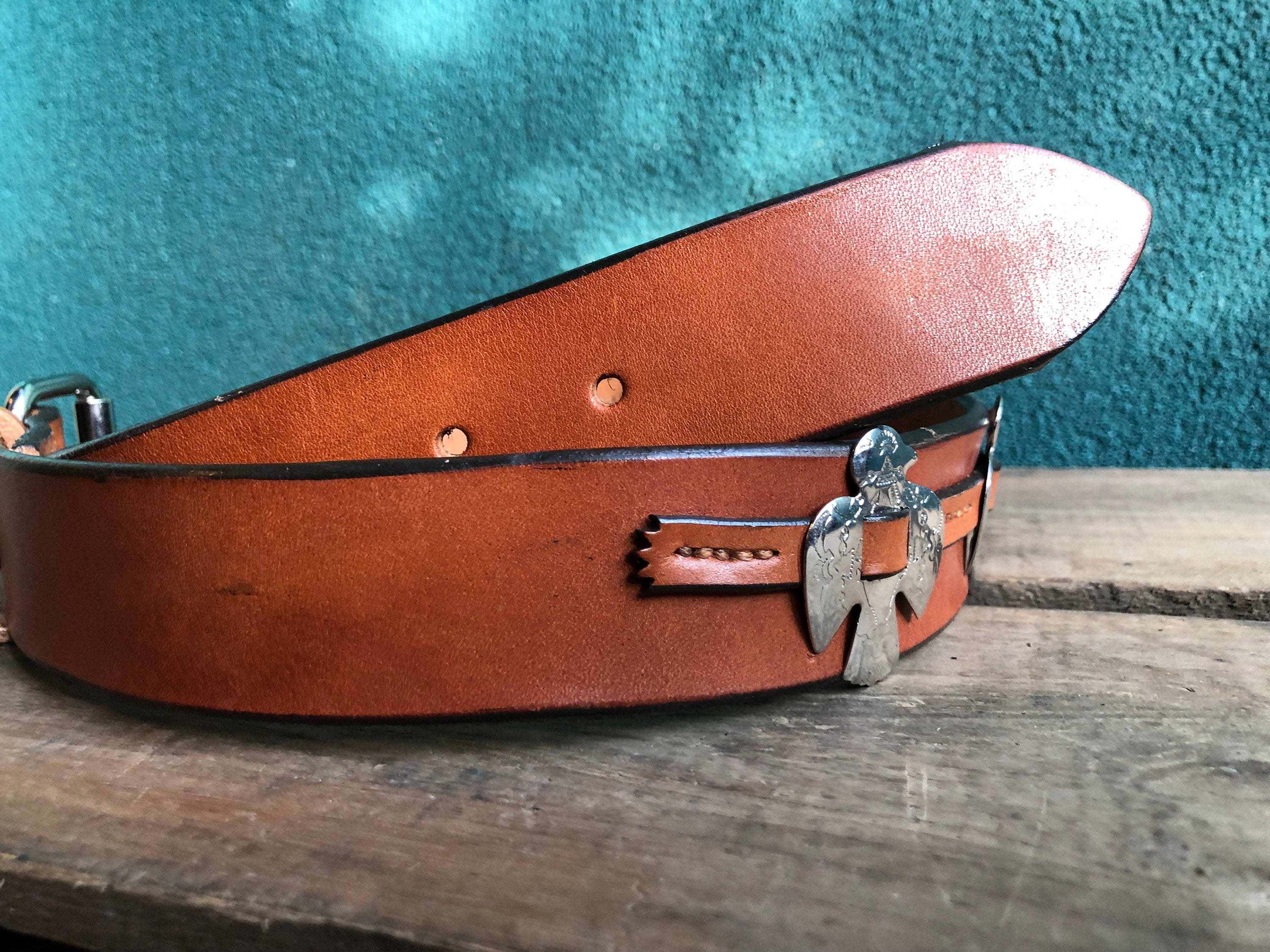 Handcrafted Brown Leather Belt With Thunderbird Conchos  display picture 2