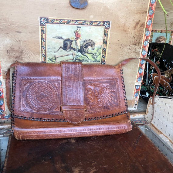 Tooled Leather Purse , Leather Mexican Shoulder B… - image 1
