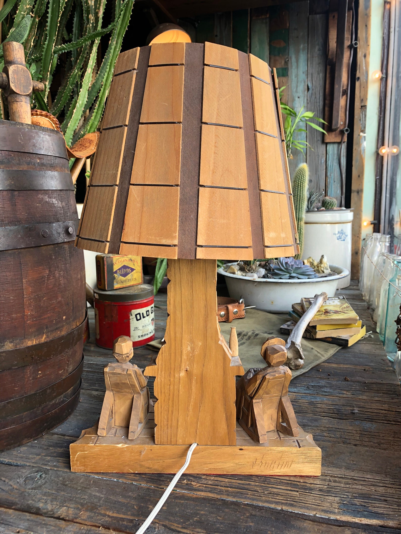 Folk Art Hand Carved Wooden Lamp Folk Art Lamp Wood Etsy
