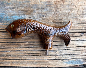 Hand-Carved Fish Cane Handle – Folk Art Curiosity | Wooden Walking Stick Topper | Nautical Drawer Pull