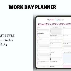 Puede incluir: Una plantilla de planificador digital para un día de trabajo, que se muestra en una tableta. El planificador incluye secciones para objetivos, prioridades principales, horario, lista de tareas, seguimiento del dinero, recordatorios, llamadas a realizar, seguimiento, correos electrónicos a enviar, para mañana, reuniones y tiempo, proyectos y notas.