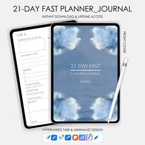 Może przedstawiać: Cyfrowy planer i dziennik na 21-dniowy post. Okładka zawiera akwarelowy wzór w kolorze niebieskim z tekstem "21-Day Fast Planner & Journal Undated". Planer zawiera sekcje na codzienne skupienie, wdzięczność, priorytety, śledzenie nastroju, spożycie wody, planowanie posiłków i dziennik.