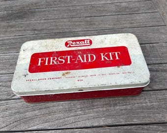 Trousse de premiers soins Rexall vintage : décoration rustique rouge et blanc