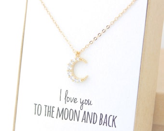 Anniversary Gift - Gold Crescent Moon Necklace - I love you to the moon and back necklace - Tiny Delicate Crystal Cubic Zirconia CZ