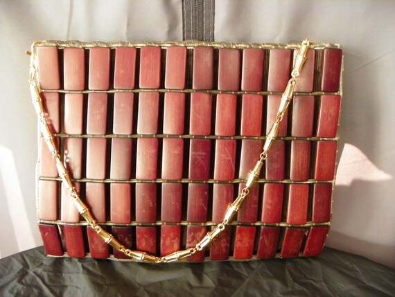 Vintage Wooden Tile Purse with Gold Chain Strap