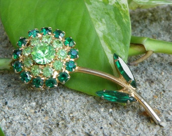 Vintage 1960's Juliana Jewelry Green Rhinestone Flower Brooch