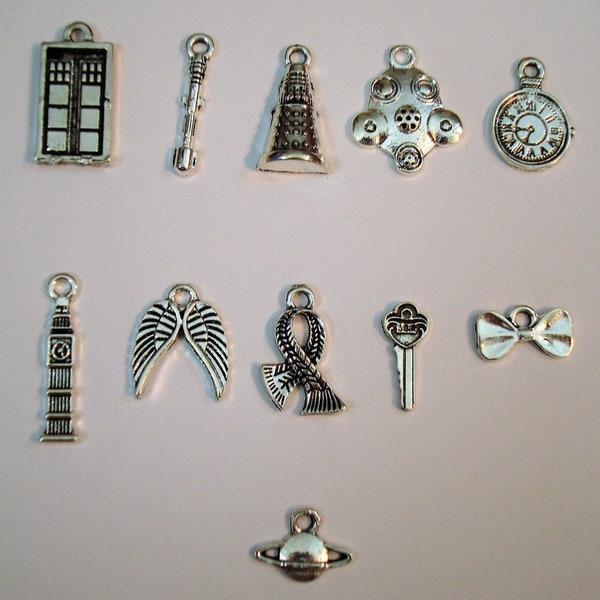 Dr. Who; Tardis, Sonic, Dalek, Screwdriver, Gas Mask, Pocket Watch,  Big Ben, Angel Wings, Scarf, Key, Bow tie, Saturn Tibetan silver Charms