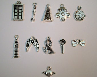 Dr. Who; Tardis, Sonic, Dalek, Screwdriver, Gas Mask, Pocket Watch,  Big Ben, Angel Wings, Scarf, Key, Bow tie, Saturn Tibetan silver Charms