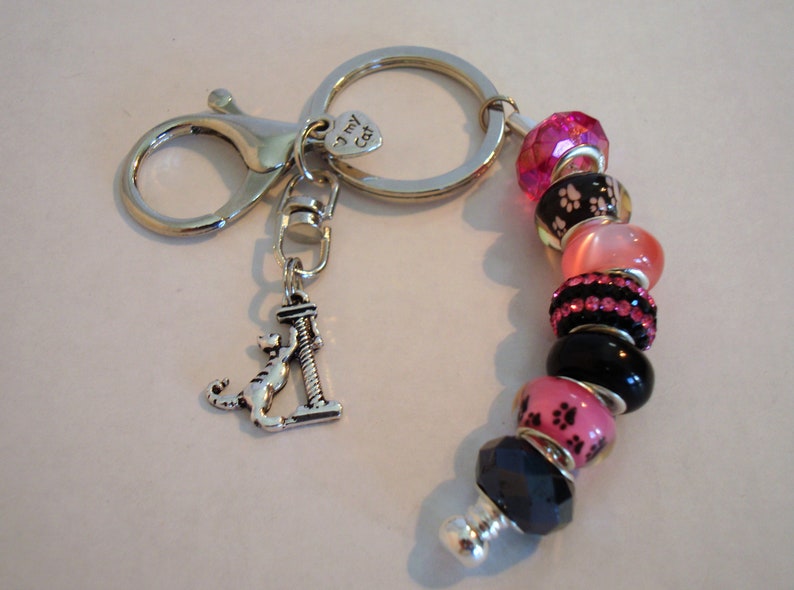 Cat on scratch post European single leg style charm paw prints crystal spacers key chain purse charm car ornament Help save a catkitten