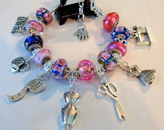 Sew Much Fun European charm bracelet Murano beads sewing machine dress form dress scissors tape buttons seamstress Help save a cat/kitten