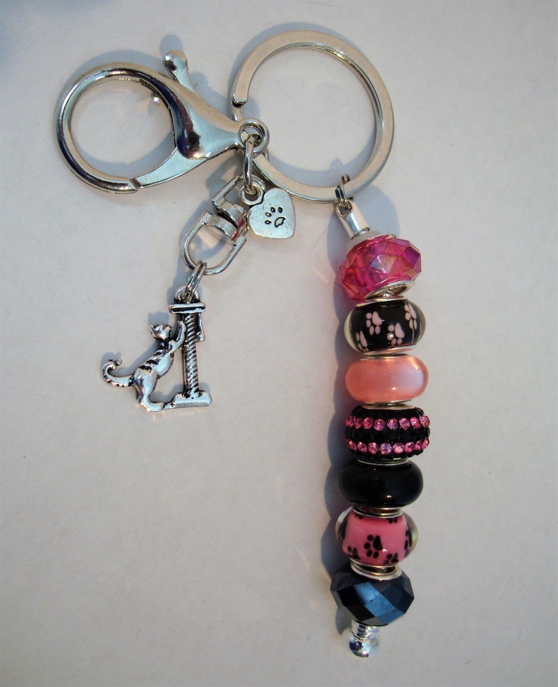 Cat on scratch post European single leg style charm paw prints crystal spacers key chain purse charm car ornament Help save a catkitten