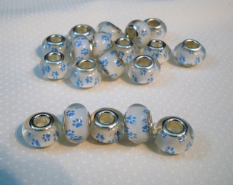 Light blue paw prints on white European charm bracelet acrylic beads sold in lots of 5 beads each, help save a cat/kitten