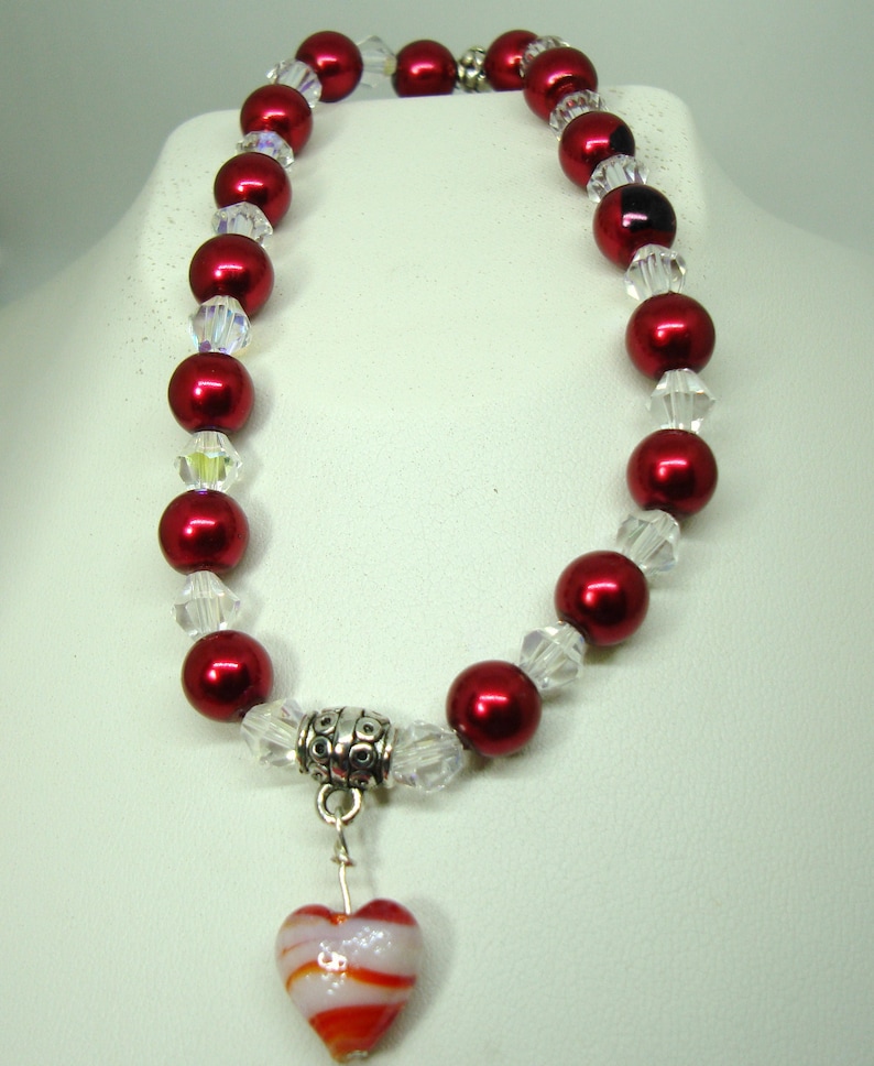 Murano glass heart Pet Dog Cranberry pearls clear AB crystals Cat stretch Necklace Jewelry Neck Ware Handmade Help save a catkitten
