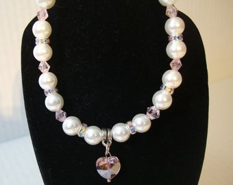 White glass pearls pink bicone & heart and silver crystals spacer Pet Dog Cat stretch cord Necklace Jewelry Handmade Help save a cat/kitten