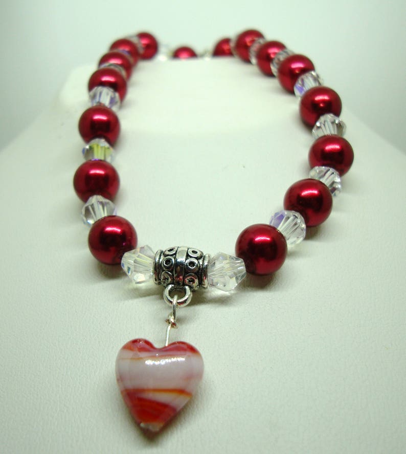 Murano glass heart Pet Dog Cranberry pearls clear AB crystals Cat stretch Necklace Jewelry Neck Ware Handmade Help save a catkitten