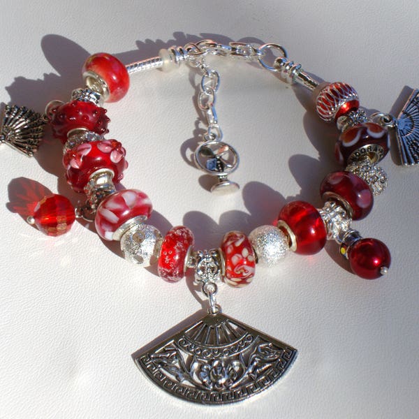 Hot Flashes European charm red Murano beads bracelet stardust beads handheld & desk fan crystals You pick chain size Help save a cat/kitten
