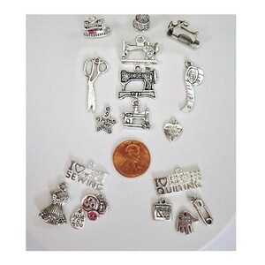 Tibetan Silver Charms Pendants Sewing Seamstress Quilter Machine Safety Pin Tape Button Scissors Dress Iron U Pick Help save cat/kitten
