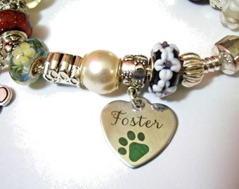 Pit Bull foster home European bead charm bracelet, sayings, paw prints, house, dog.   Help save a cat/kitten